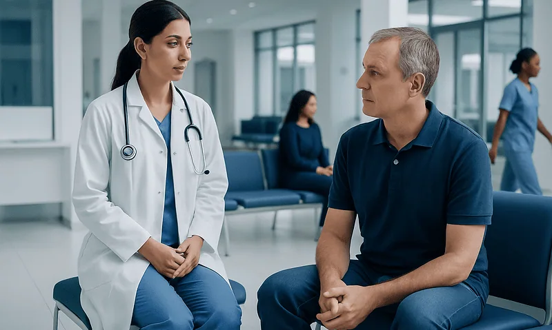 Doctor consulting patient in hospital waiting area.