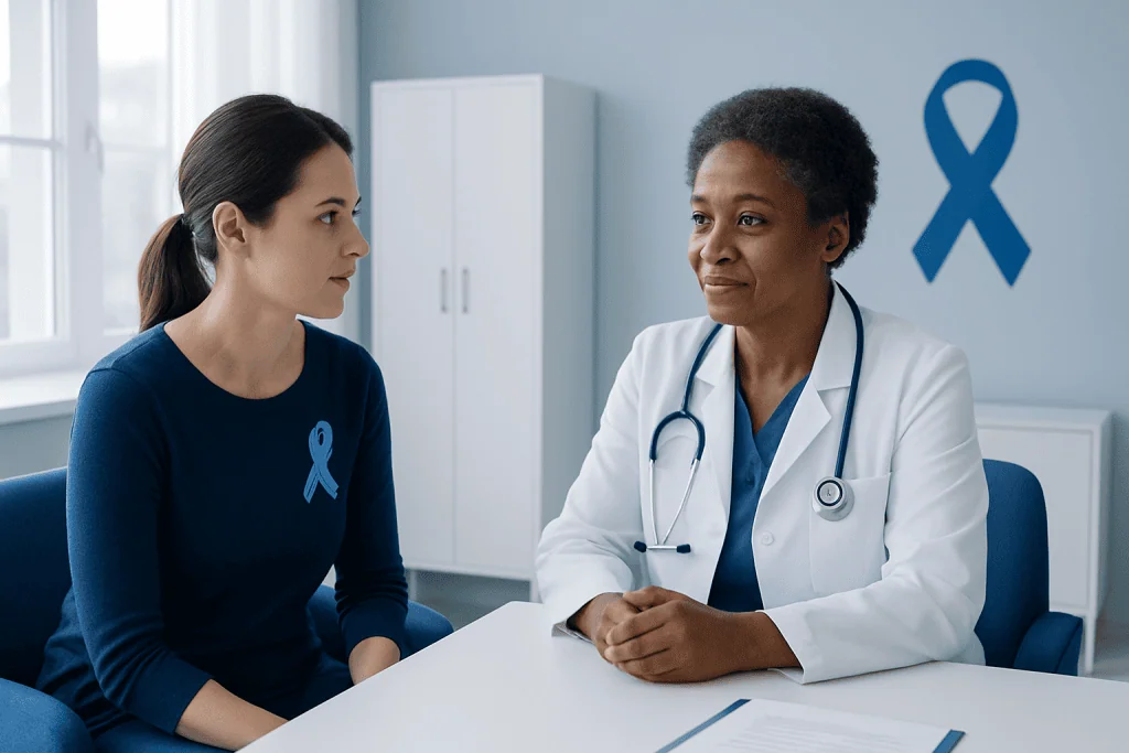 Doctor discussing cancer awareness with patient in clinic with blue ribbon.