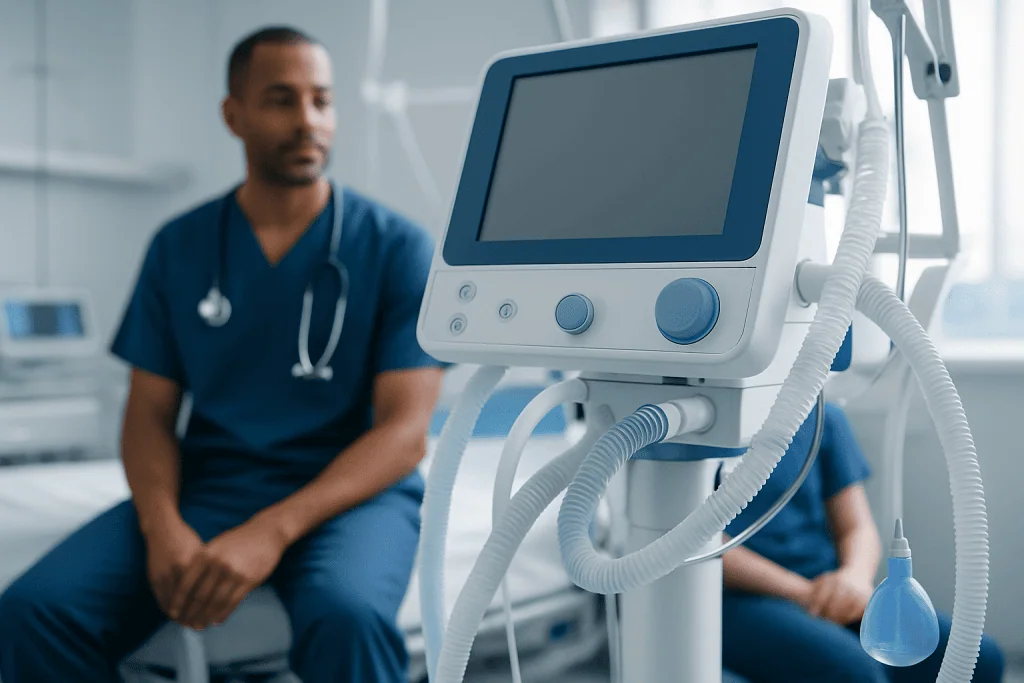 Medical ventilator machine in hospital room with healthcare professionals.