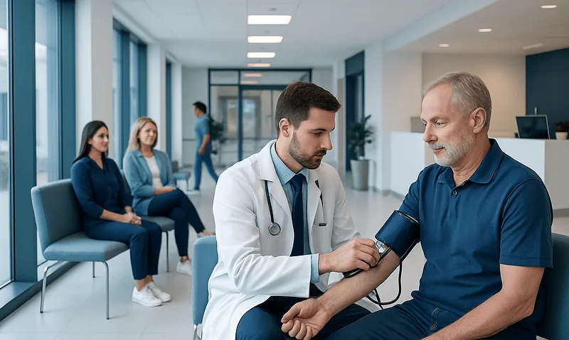 Managing High Blood Pressure Before Treatment in Turkey 11 Doctor checking blood pressure of a patient in a modern hospital corridor.