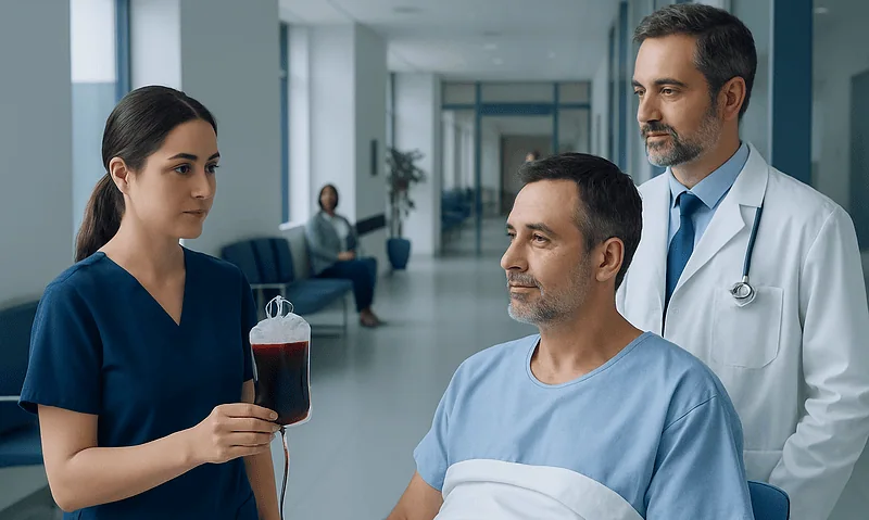 Blood Type and Crossmatch Before Surgery in Turkey 7 Medical team preparing blood crossmatch in hospital corridor.