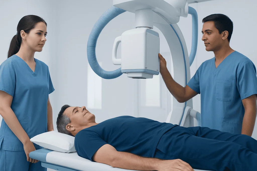 Medical professionals perform a diagnostic scan on a patient in a hospital setting.