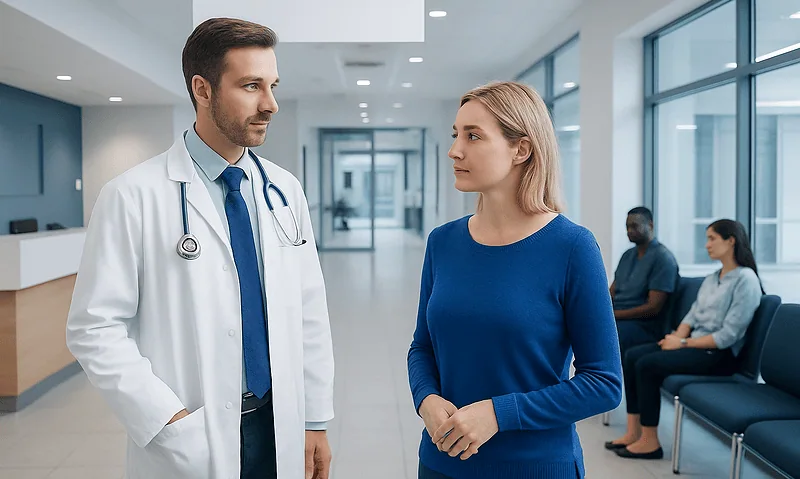 Bowel Preparation Before Colonoscopy or Surgery in Turkey 8 Doctor talking to a patient in a hospital corridor.