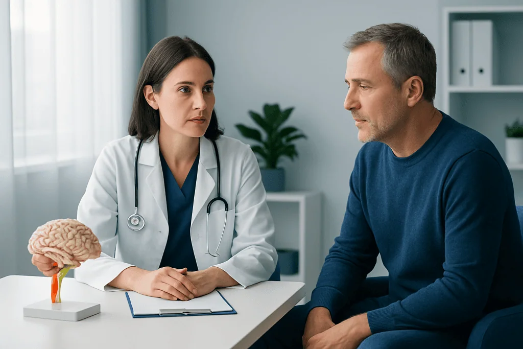 Doctor consulting with patient about brain health and neurological issues.