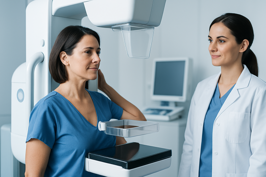 Woman undergoing mammogram at Acibadem Hospital for breast cancer screening.