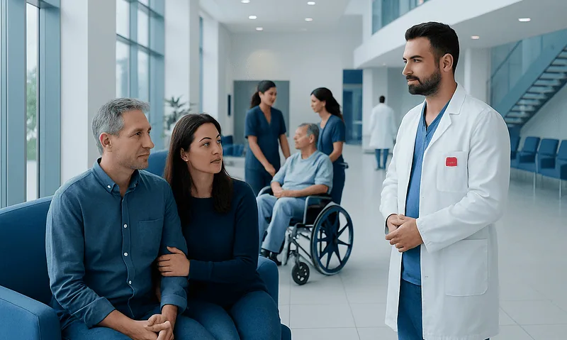Bringing a Companion to Turkey for Treatment: What to Plan Before You Travel 6 Doctor consulting with patients in a modern hospital lobby.