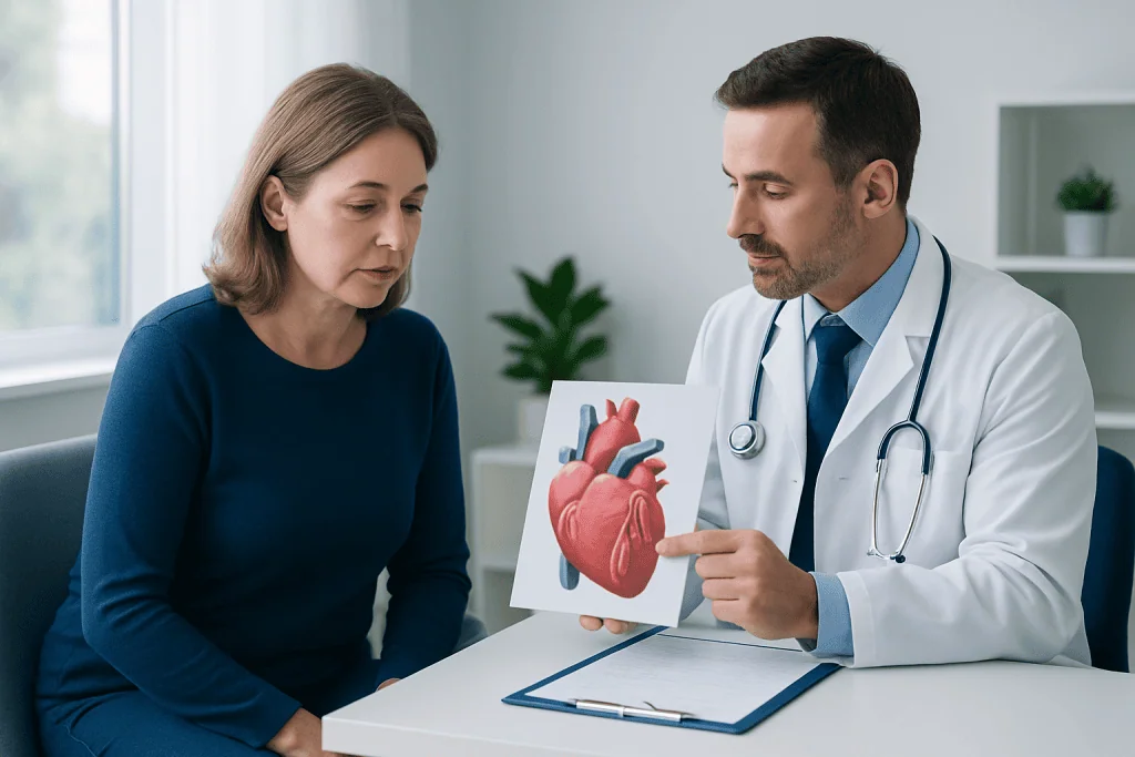 Cardiologist explaining heart health to a woman with a heart model.