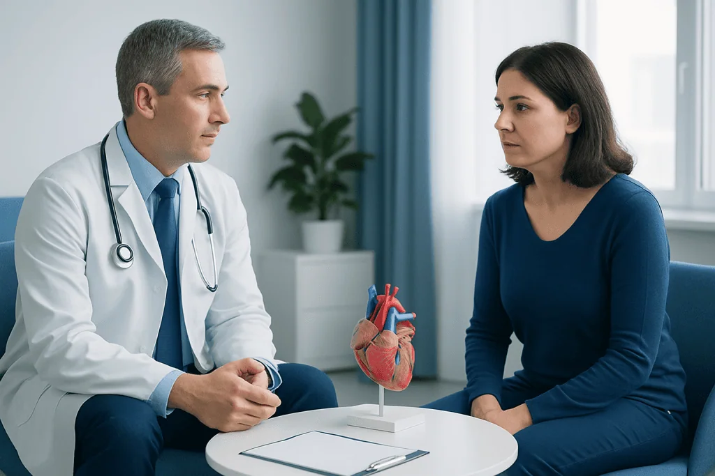 Cardiologist explaining heart health to a patient with a model of the heart.