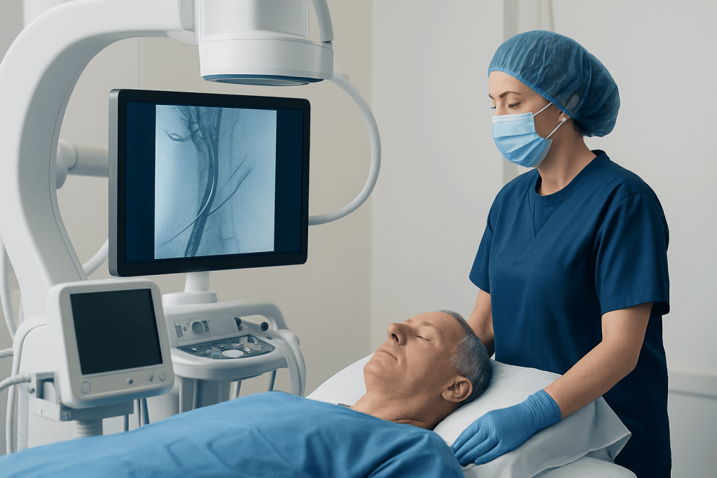 Interventional radiologist preparing for carotid artery stenting procedure.