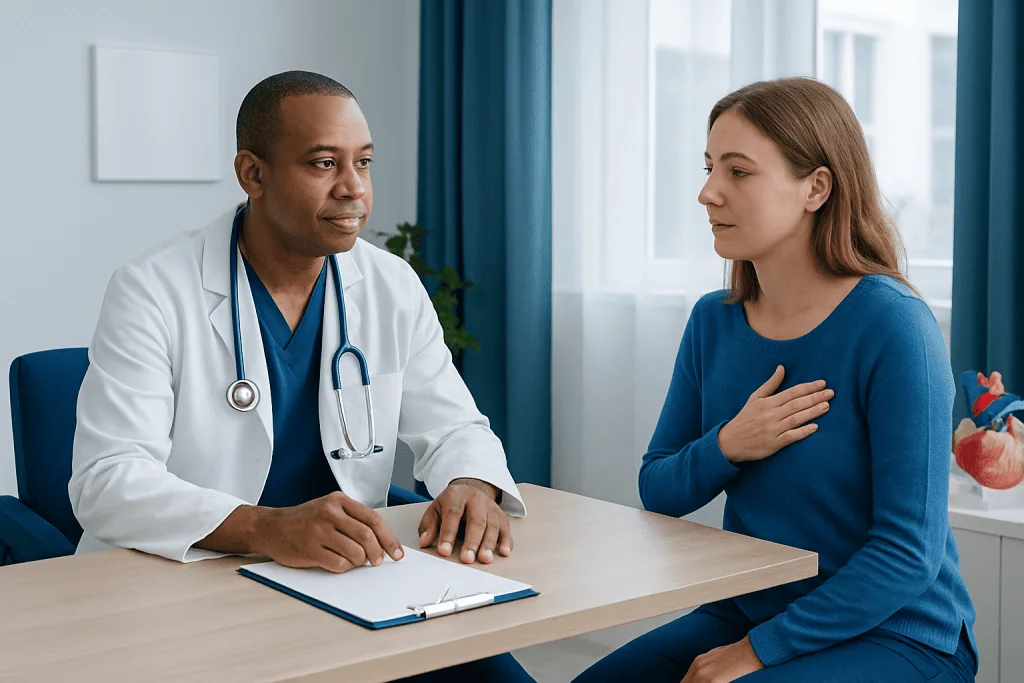 Doctor consulting with a patient about silent coronary artery disease symptoms.