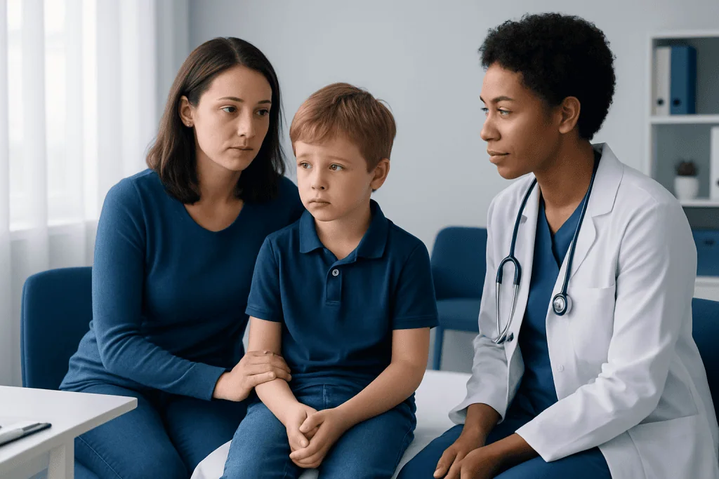 Pediatric checkup with a doctor and worried mother and child in clinic.