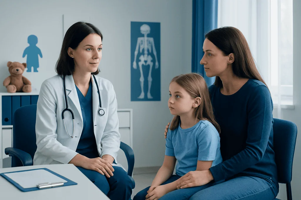 Pediatric consultation at Acibadem Hospital with doctor, mother, and child.