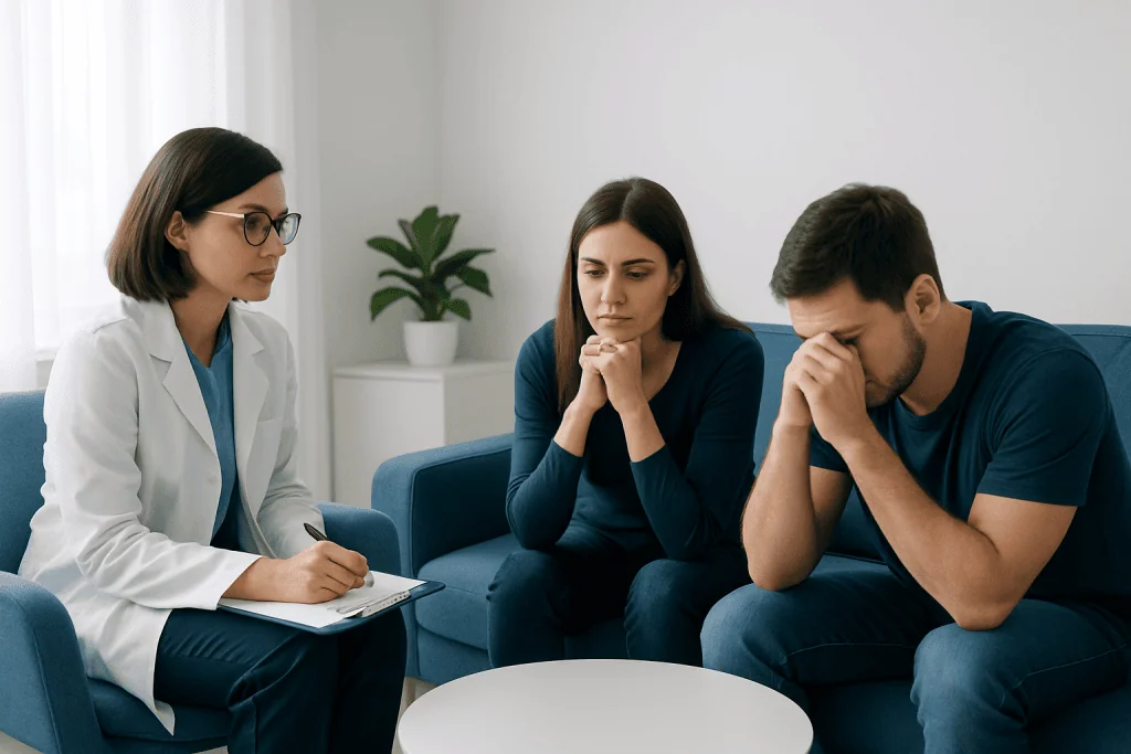 Therapist listening to couple during counseling session at Acibadem Hospital.