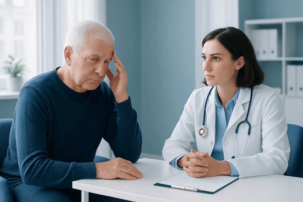 Senior man consulting with a female doctor in a medical office.