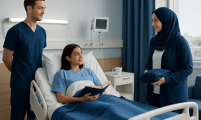 Patient in hospital bed with visitors in a Turkish hospital room.