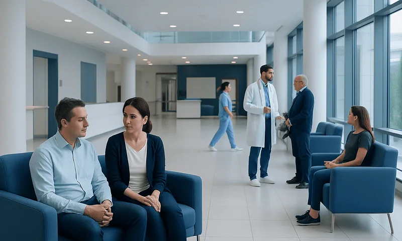 Modern hospital waiting area with patients and medical staff in Turkey.