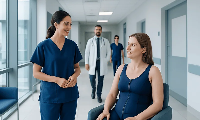 Healthcare professionals and patient in hospital corridor, smiling and talking.