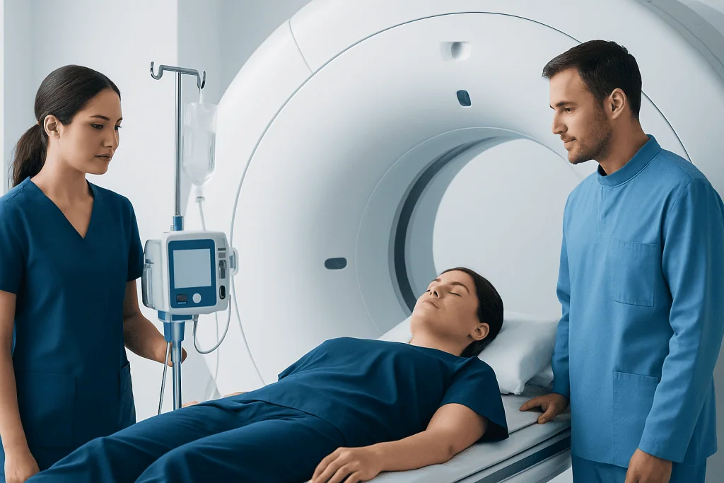Patient undergoing MRI scan with medical staff in a hospital setting.