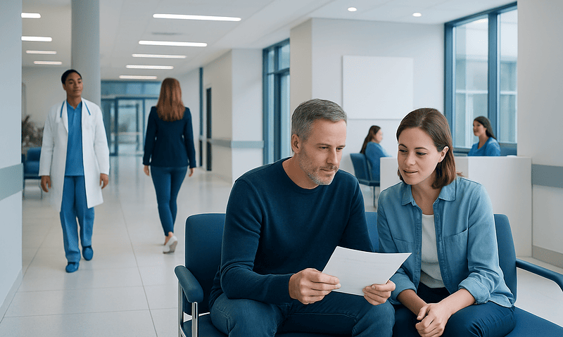 Patients consulting with a healthcare professional in a modern hospital lobby.