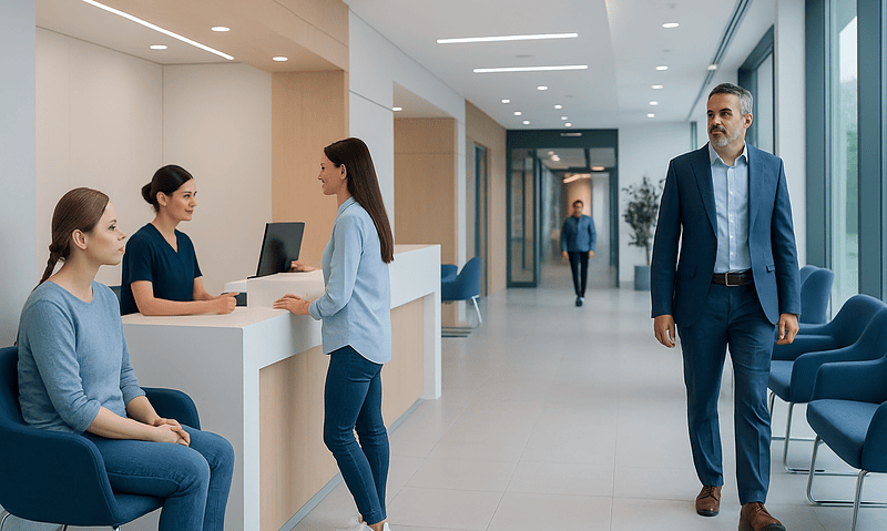 Patients and staff at Acibadem hospital reception area.
