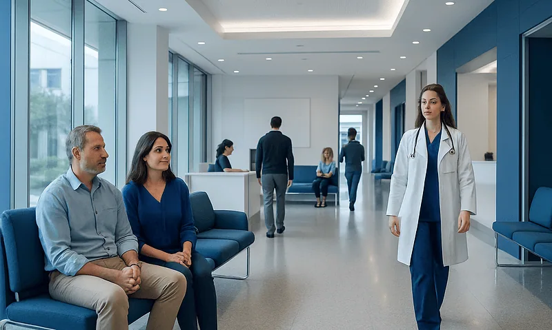 At Acibadem, How We Explain Estimated Costs, Package Scope, and Final Billing 7 Patients waiting in a modern hospital corridor with a doctor approaching.