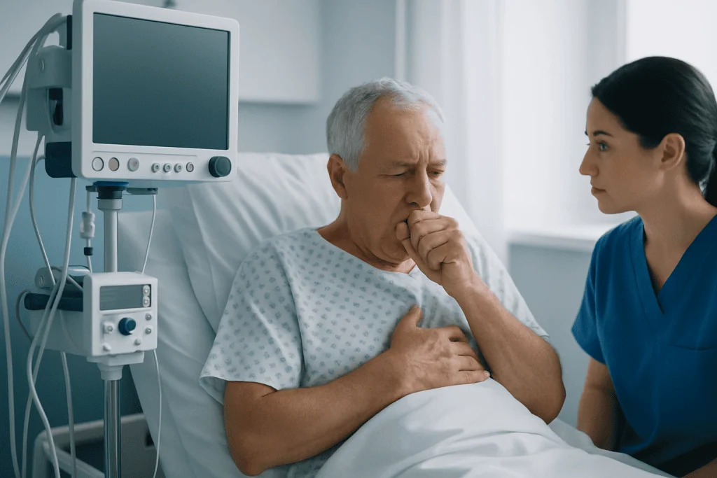 Elderly man in hospital bed with nurse during medical consultation.