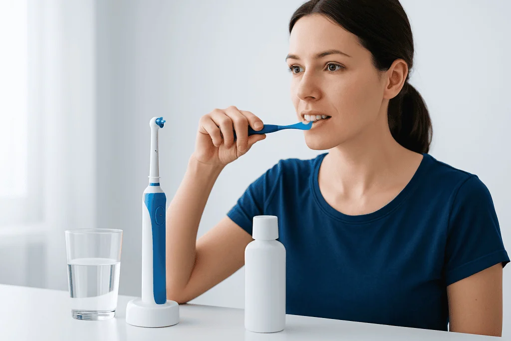 Woman brushing teeth with electric toothbrush at home.