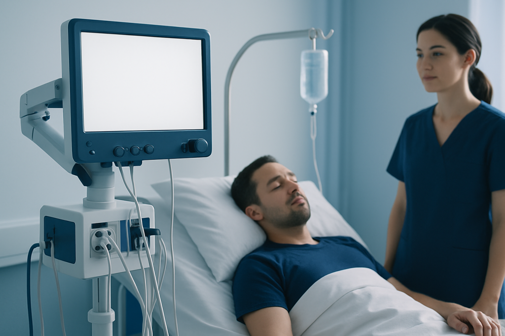 Patient undergoing medical monitoring in hospital bed with nurse present.