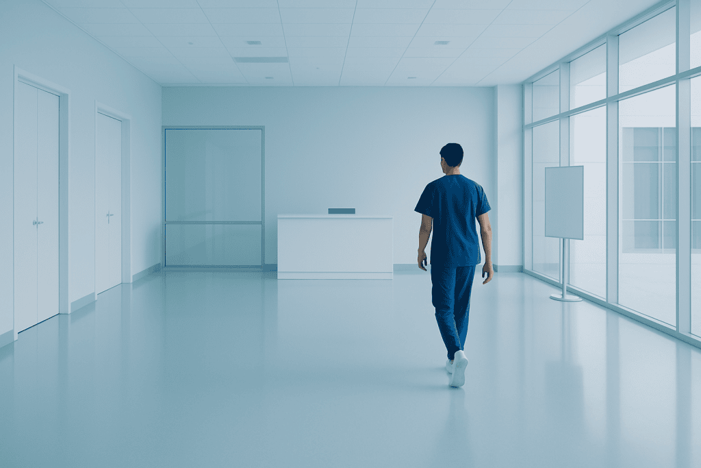 Why Delaying Care for Car T-Cell Therapy Can Become Risky Using Evidence Based Medicine 1 Healthcare professional walking in a modern hospital corridor with large windows.