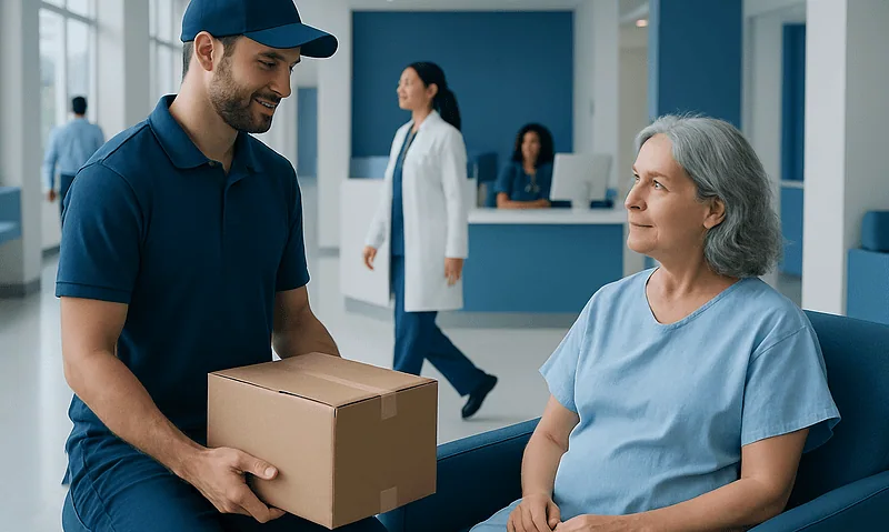 Delivery person handing a package to a patient in hospital reception area.