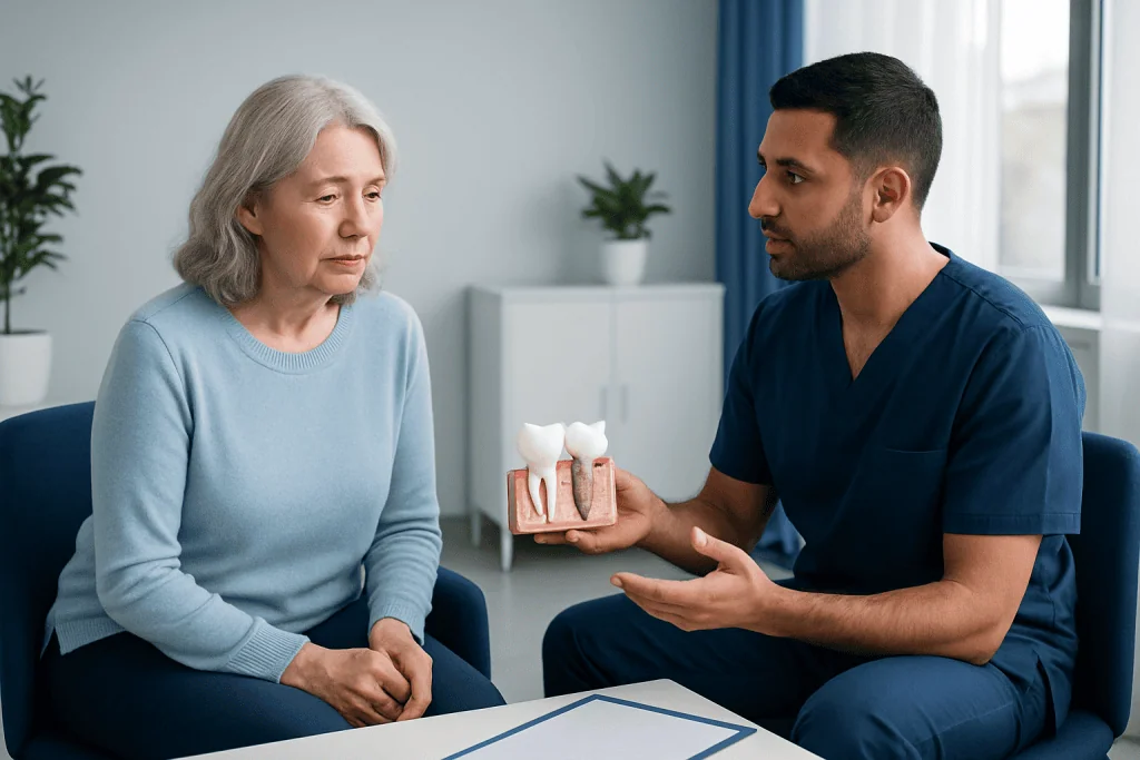 Dentist explaining dental implant issues to an elderly woman.