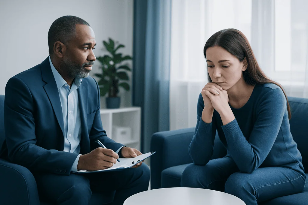 Therapist and patient discussing mental health during recovery.
