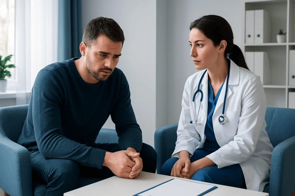 Male patient consulting with a female doctor in a medical office.