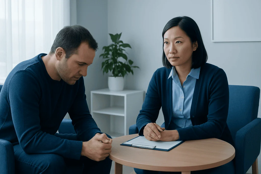 Mental health consultation with a doctor and patient in a clinical setting.