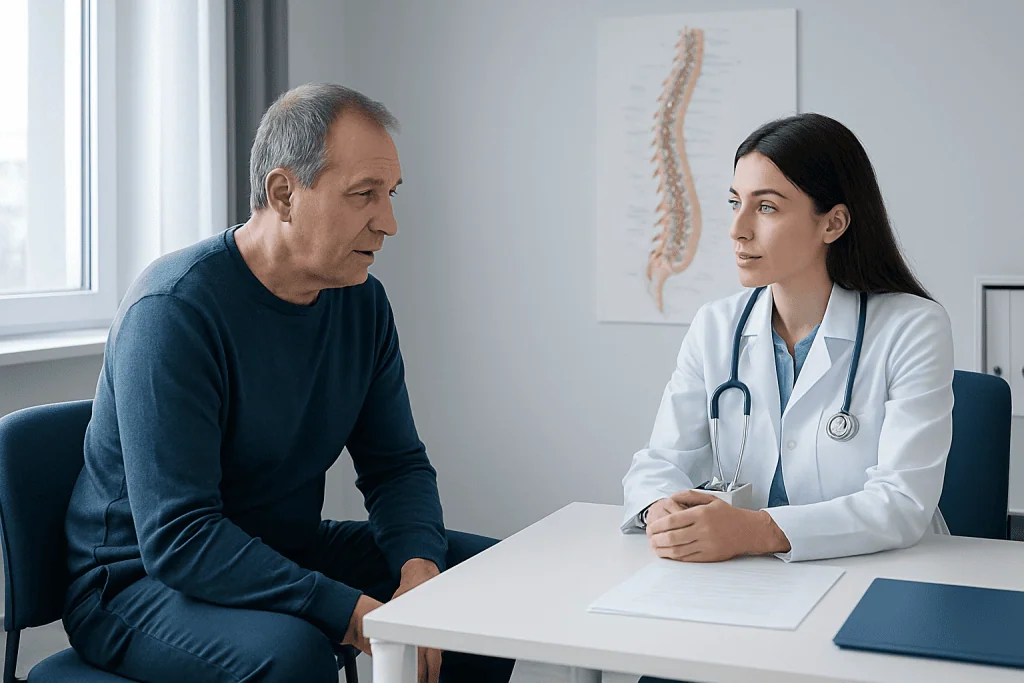 Doctor consulting with a patient in a medical office with spine diagram in background.