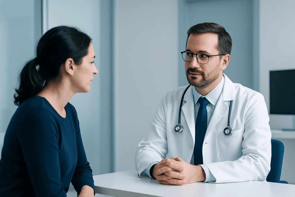 Why Do I Have a Receding Hairline? 1 Doctor consulting with a female patient in a medical office.
