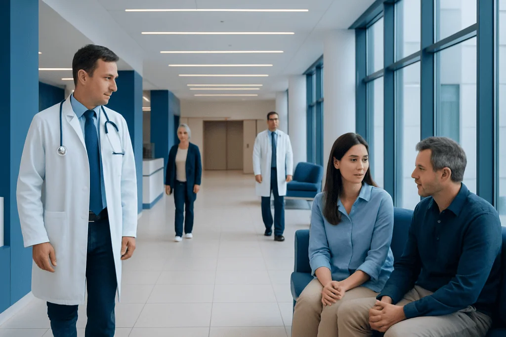 Acibadem Doctors: How We Match You With the Right Specialist 1 Doctors and patients in a modern hospital corridor.