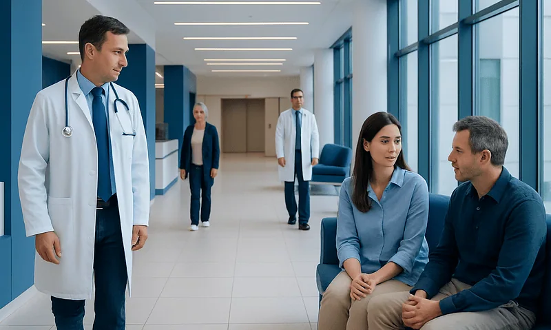 Doctors and patients in a modern hospital corridor.