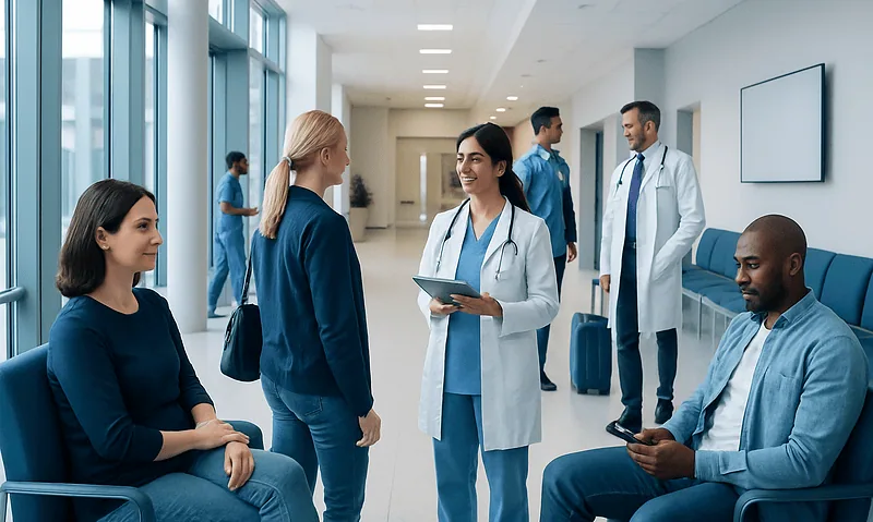 Medical professionals and patients in a hospital corridor.