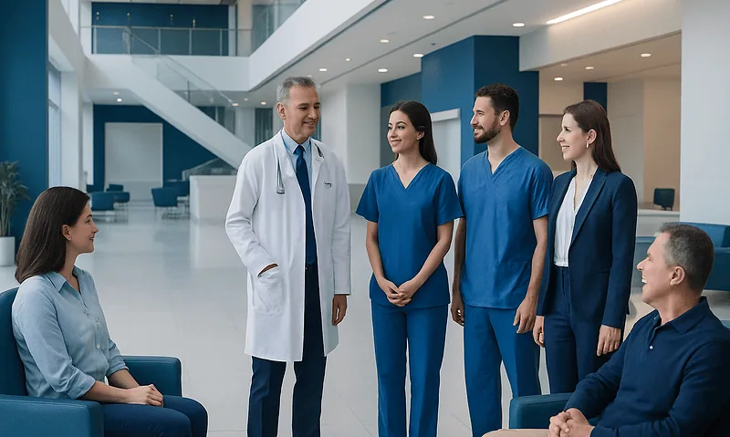 Medical team discussing patient care in hospital lobby.