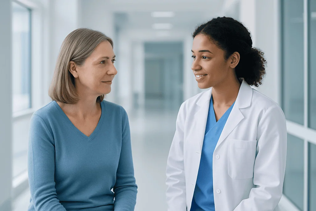 Why Doctors Emphasize Early Care for Brow Lift for American Patients 1 Doctor consulting with a patient in a modern hospital corridor.