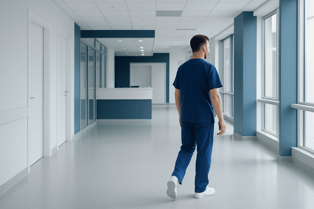 Why Doctors Emphasize Early Care for Hormone Balance Testing with Modern Healthcare Technology 1 Healthcare professional walking in a modern hospital corridor with large windows.