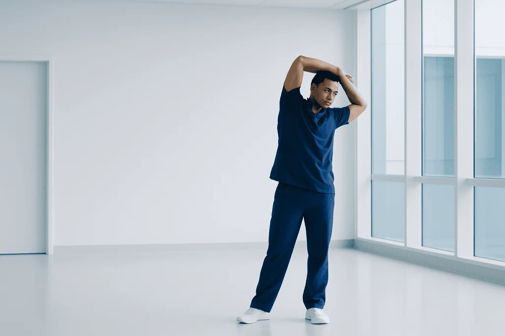 Why Doctors Emphasize Early Care for Walking Therapy with Personalized Care 1 Young man stretching in a modern hospital corridor with large windows.