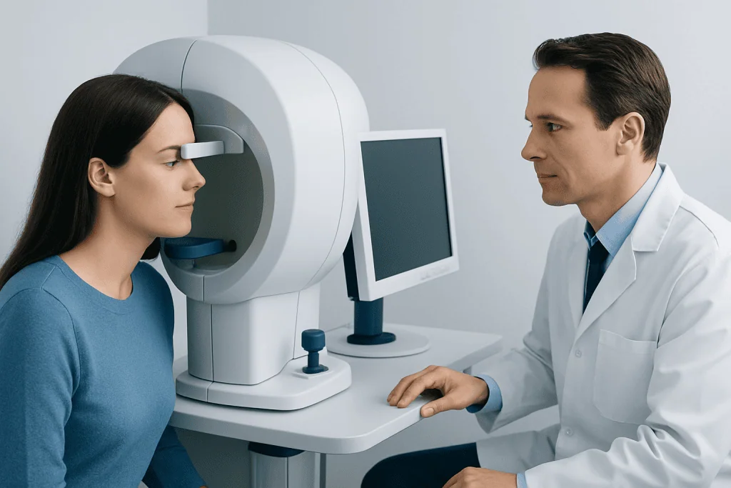 Patient undergoing visual field test with advanced ophthalmic equipment.