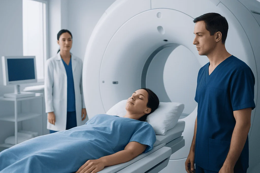 Patient undergoing MRI scan in a medical facility with healthcare professionals present.