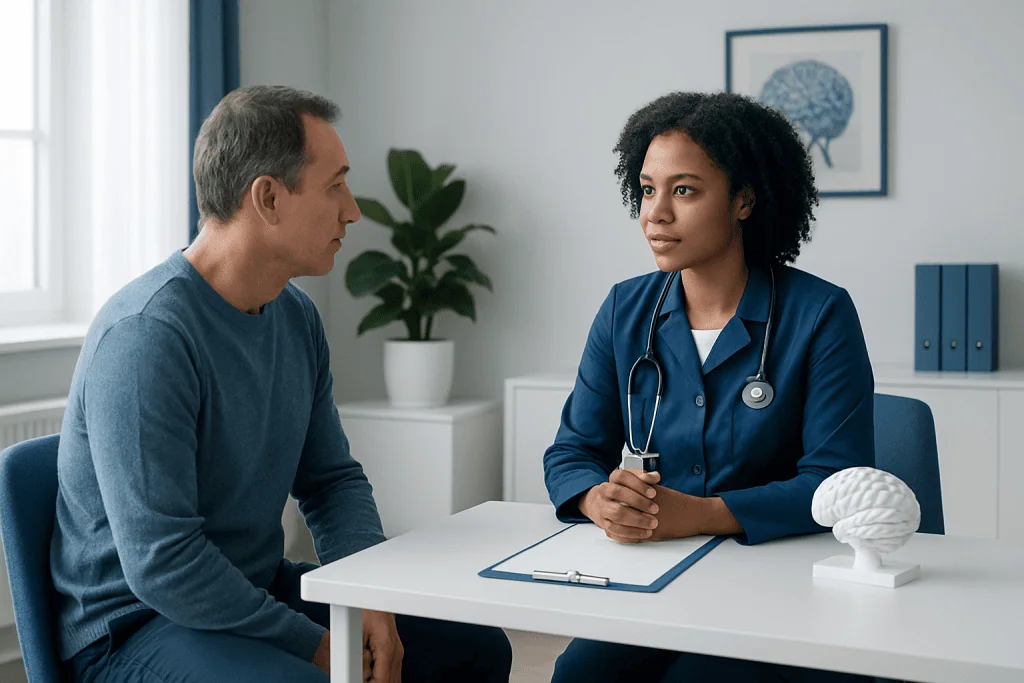 Doctor consulting with patient in a medical office setting.