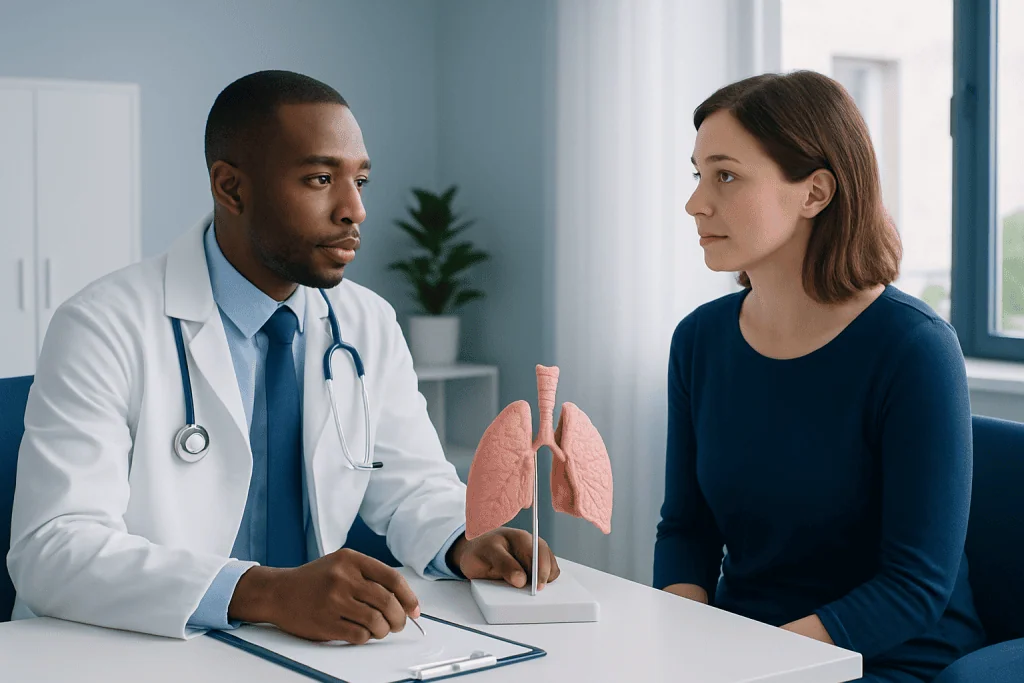Doctor explaining lung health to a patient with a lung model.