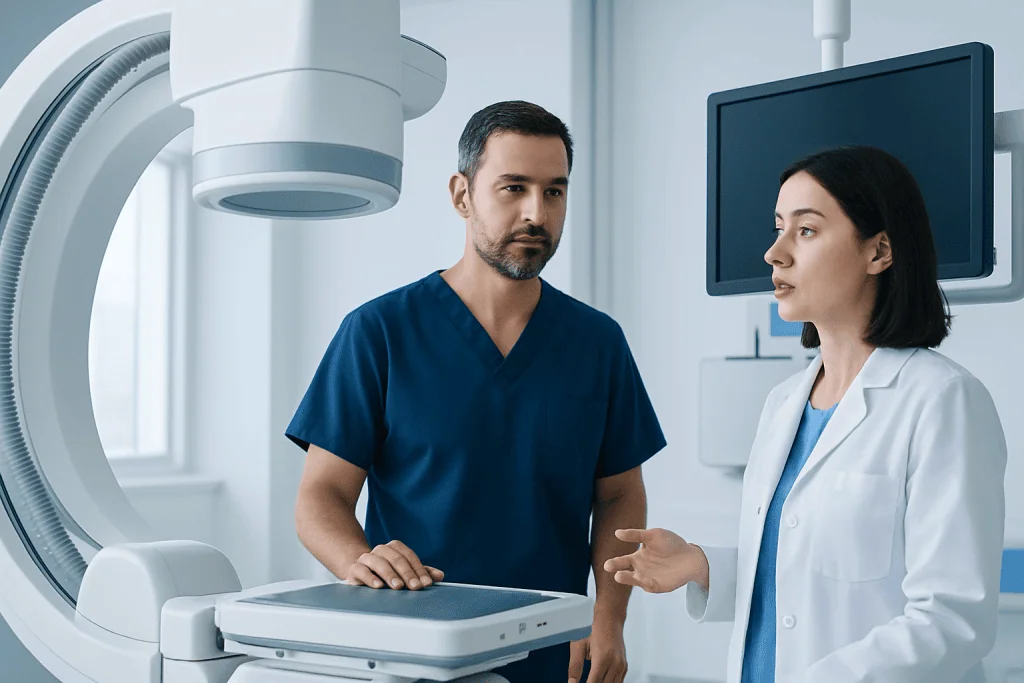 Medical professionals discussing patient care in a modern hospital setting.