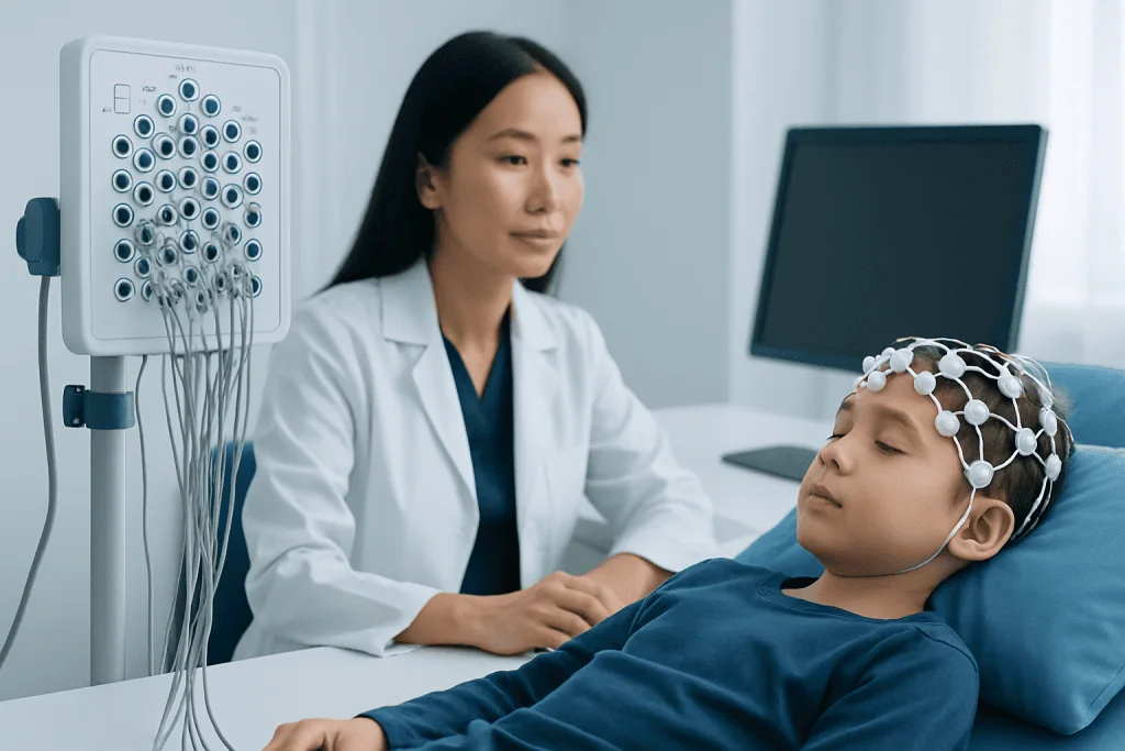 Child undergoing EEG test with medical professional in a clinical setting.