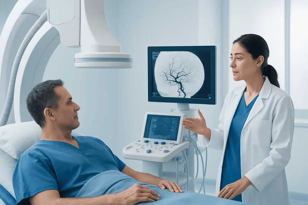 Doctor explaining cerebral angiography to patient in hospital room.